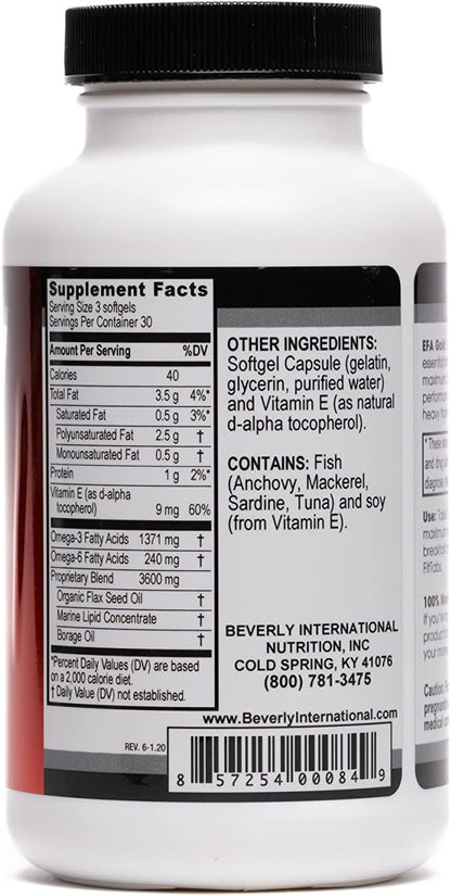 Beverly International EFA Gold, 90 Softgel Capsules. Cool Down Inflammation, Beautify and Protect. High Potency Omega-3s EPA and DHA + Omega 6&9 Fatty Acids. Combination Fish, Flaxseed and Borage oil.
