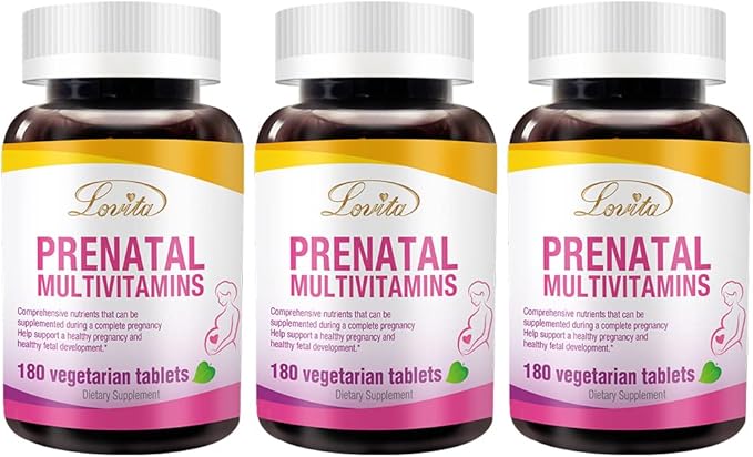 Lovita Prenatal Vitamins with Iron 27 mg, Folic Acid 800mcg & Calcium, Vegan Prenatal Vitamins for Women During and Post Preganacy, Non GMO, 180 Vegetarian Prenatal Pills (Pack of 3)