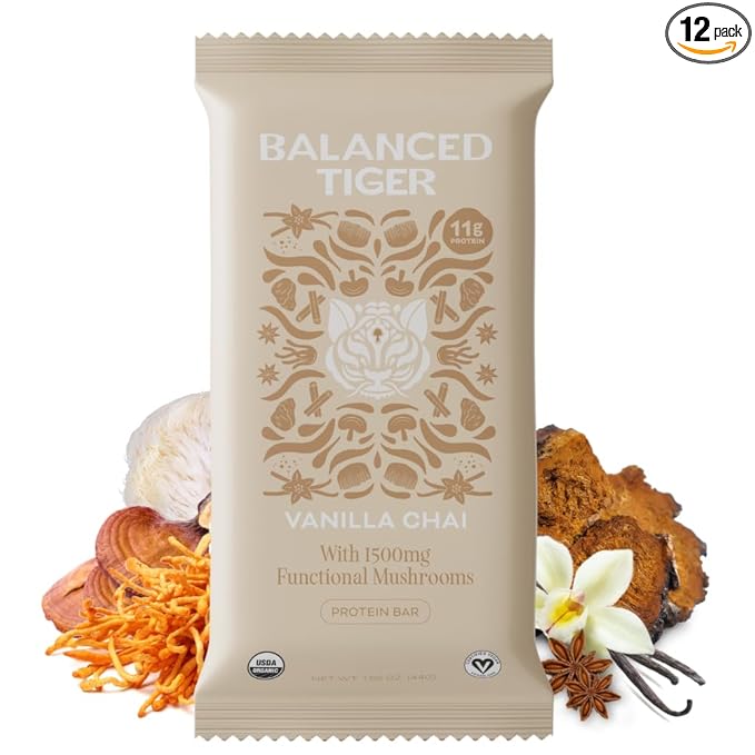 Organic Functional Mushroom Protein Bars | Full Dose (1500mg) Lions Mane, Chaga, Reishi & Cordyceps Bars | Vegan Protein Bars, Adaptogens, Superfoods Protein Bars | Vanilla Chai Flavor