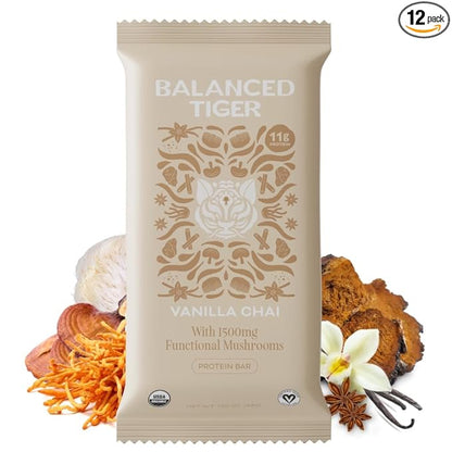 Organic Functional Mushroom Protein Bars | Full Dose (1500mg) Lions Mane, Chaga, Reishi & Cordyceps Bars | Vegan Protein Bars, Adaptogens, Superfoods Protein Bars | Vanilla Chai Flavor