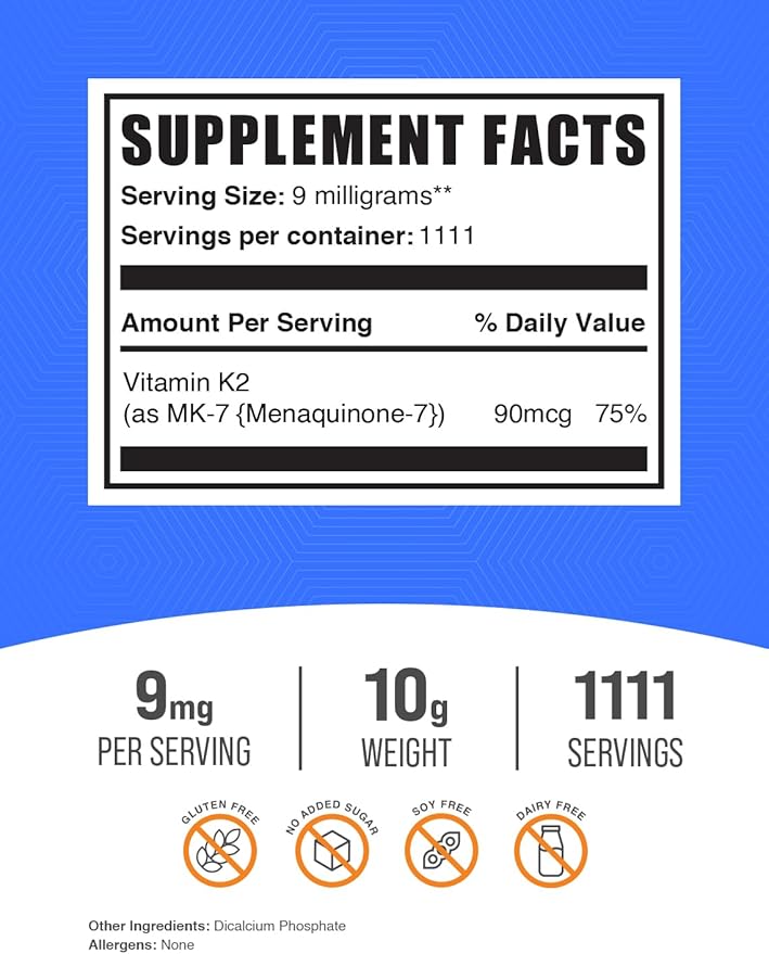 BulkSupplements.com Vitamin K2 Powder - Vitamin K2 MK-7, as Menaquinone Powder - K2 Vitamin Supplement for Wellness, Gluten Free, 9mg per Serving, 10g (0.35 oz) (Pack of 1)