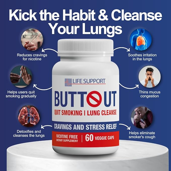 ButtOut Quit Smoking Lung Cleanse. Helps to Stop Smoking & Support Respiratory Health - Natural Lung Cleanse & Detox. Nicotine Free. 60 Count - 30 Day Supply