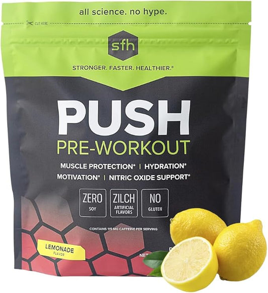 SFH Push Pre-Workout Powder (Lemonade) BCAAs for Muscle Repair | Electrolytes | Non-Dairy, No Artificial Flavors, Colors, Sugar, Soy, Gluten, or GMOs (Bag)