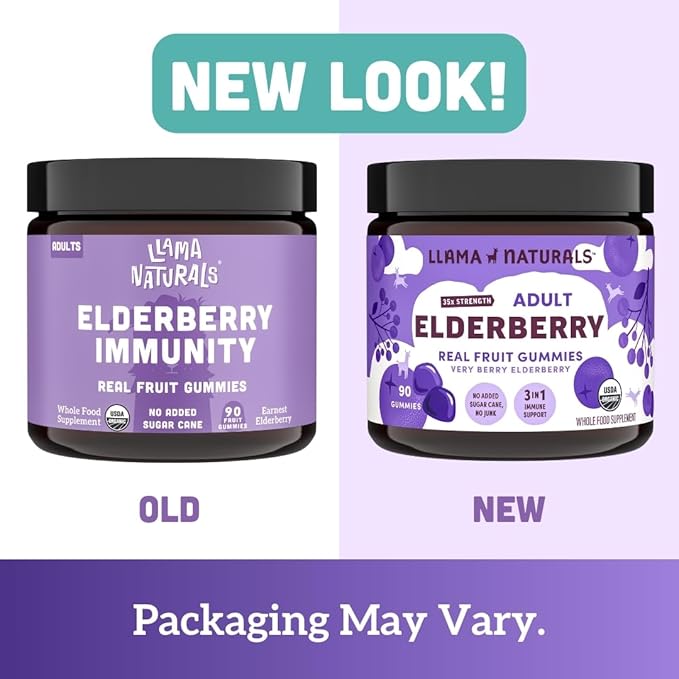Llama Naturals Real Fruit Sambucus Elderberry Gummies for Adults | No Added Sugar Cane, Vegan, Organic Immune Support | Zinc & Natural Vitamin C | Immunity for Women, Men | 90 Gummies (30 Day)