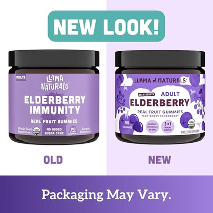 Llama Naturals Real Fruit Sambucus Elderberry Gummies for Adults | No Added Sugar Cane, Vegan, Organic Immune Support | Zinc & Natural Vitamin C | Immunity for Women, Men | 90 Gummies (30 Day)