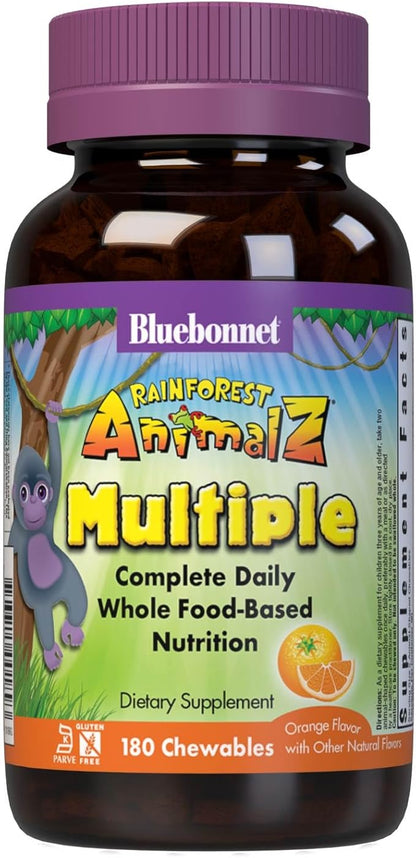 Bluebonnet Nutrition Rainforest Animalz Whole Food Based Multiple Chewable Tablet, Kids Multivitamin & Mineral, Vitamin C, D3, Iron, Gluten Free, Milk Free, Kosher, 180 Chewable Tablets, Orange Flavor