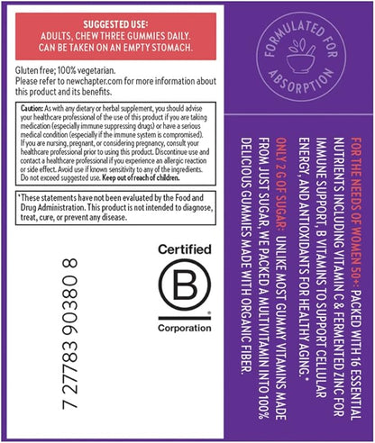 New Chapter Women’s 50+ Multivitamin Gummies – 66% Less Sugar, Women’s Healthy Aging Gummy Vitamins with Vitamin C, B Vitamins & Zinc, Non-GMO, Gluten Free, Berry Citrus Flavored, 90 ct