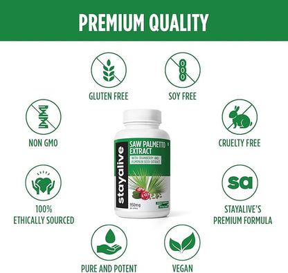STAY ALIVE Saw Palmetto Extract Capsules, Equivalent to 17000MG, Blend with Cranberry & Pumpkin Seed, 120 Vegan Pills for U.T, Prostate & Wellness Support