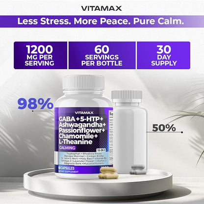 GABA 500mg 5 HTP 150mg Ginkgo Biloba L Tryptophan 500mg L Theanine 200mg Ashwagandha 2000mg - Calming Vitamins for Men and Women with - Made in USA - 120ct