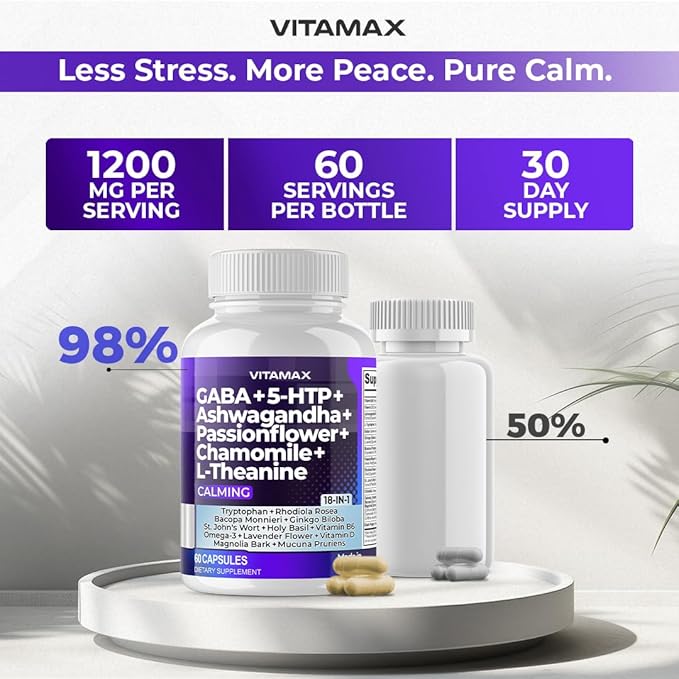 GABA 500mg 5 HTP 150mg Ginkgo Biloba L Tryptophan 500mg L Theanine 200mg Ashwagandha 2000mg - Calming Vitamins for Men and Women with - Made in USA (60 Count (Pack of 1))