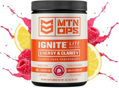 MTN OPS Ignite Lite Supercharged Energy Drink Mix - 100mg Caffeine, 45-Serving Tub, Raspberry Lemonade Flavor