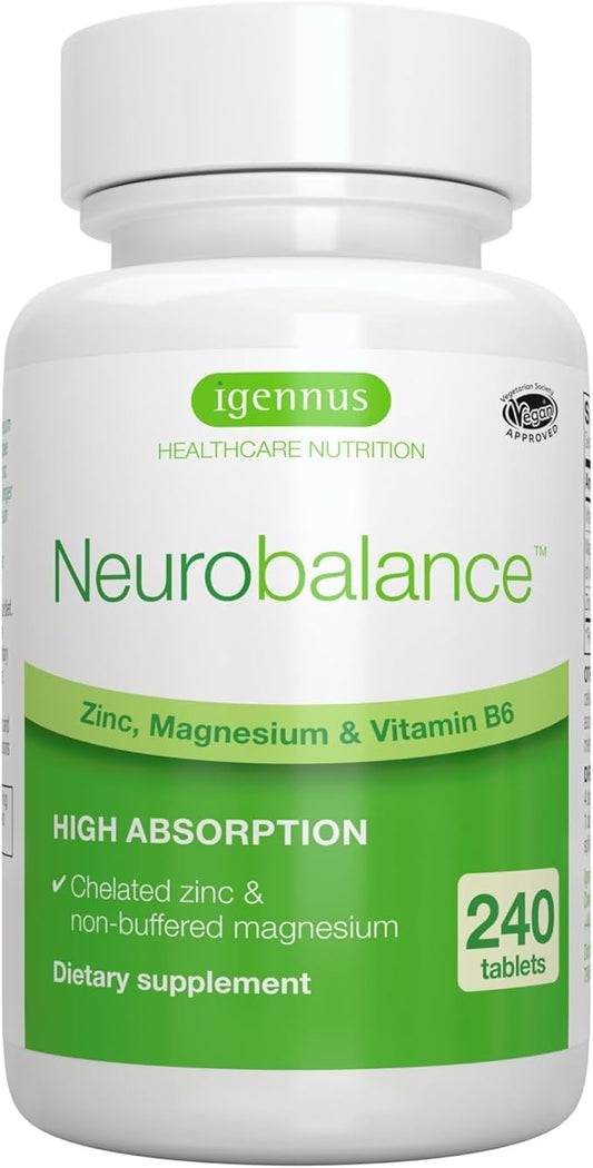 Neurobalance, High Absorption Zinc Magnesium B6 Supplement, Non-GMO Brain, Sleep & Immune, Chelated Zinc Picolinate 24mg, Oxide-Free Magnesium & Vitamin B6, 240 Tablets, by Igennus