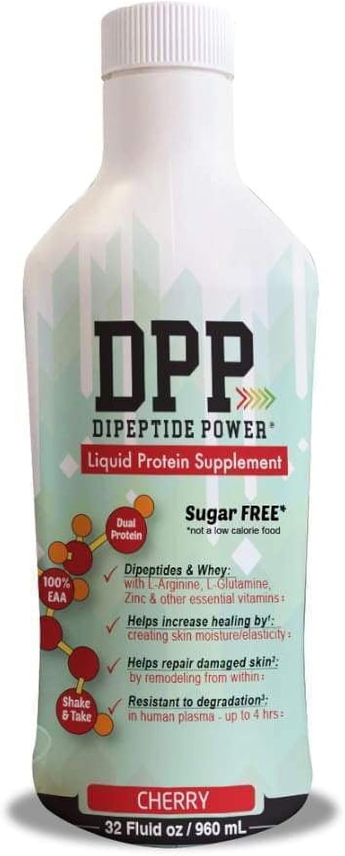 Nutritional Designs DPP Dipeptide, Wound-Healing Liquid Collagen & Whey Protein Supplement, Sugar-Free, Promotes Healthy Skin & Hair for Men & Women (Cherry, Bottle, 32 Fl Oz)