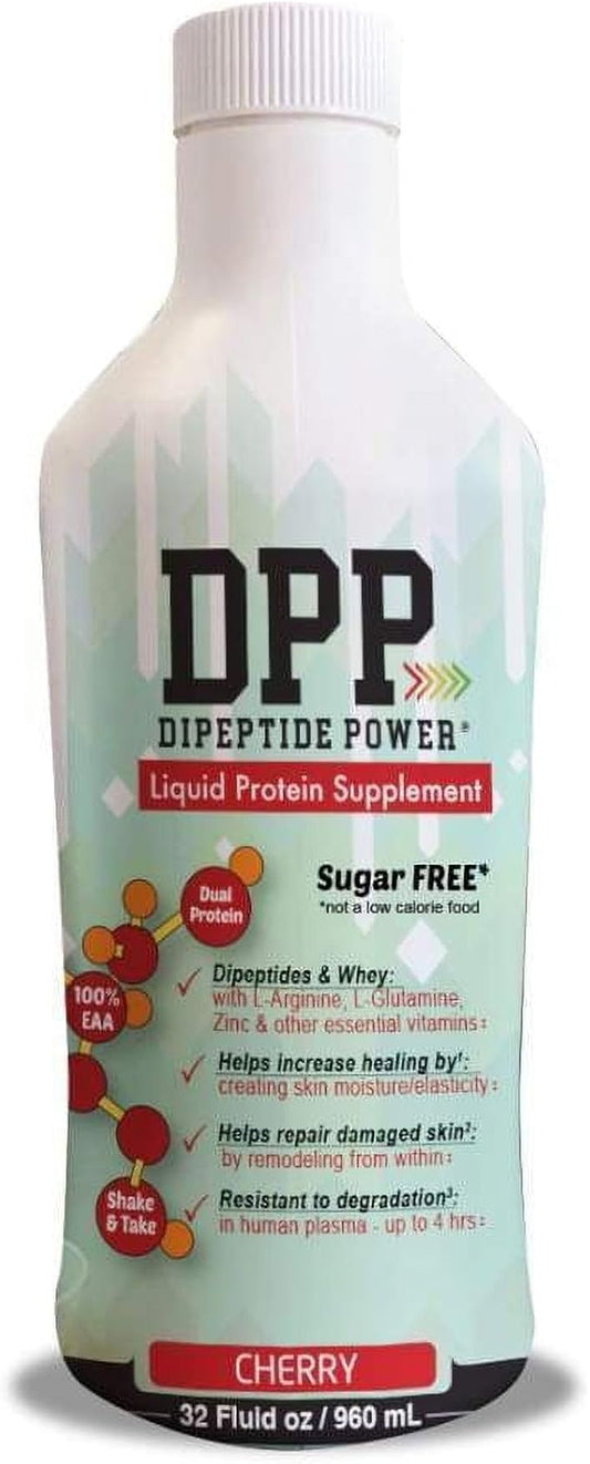 Nutritional Designs DPP Dipeptide, Wound-Healing Liquid Collagen & Whey Protein Supplement, Sugar-Free, Promotes Healthy Skin & Hair for Men & Women (Cherry, Bottle, 32 Fl Oz)