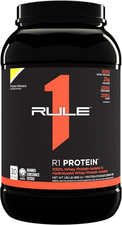 Rule One Proteins R1 Protein - 25g Fast-Acting, Super-Pure 100% Isolate and Hydrolysate Protein Powder with 6g BCAAs (2 Pounds*, Frozen Banana)
