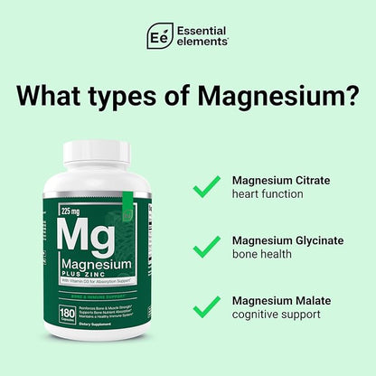 Essential Elements Magnesium & Zinc with Vitamin D3 for Sleep Immune & Bone Support - Magnesium Glycinate, Malate, Citrate 225mg - Triple Magnesium Supplement for Women and Men - 9 Month Supply