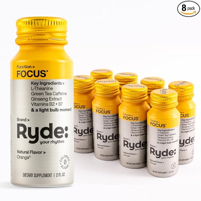Ryde: Focus Shot | Orange Flavor | L-Theanine & Ginseng | Green Tea Caffeine | Vitamins B2 & B7 | 0 Calories, 0 Sugar | 2 FL OZ Shots | Supports Focus* (8 Pack)