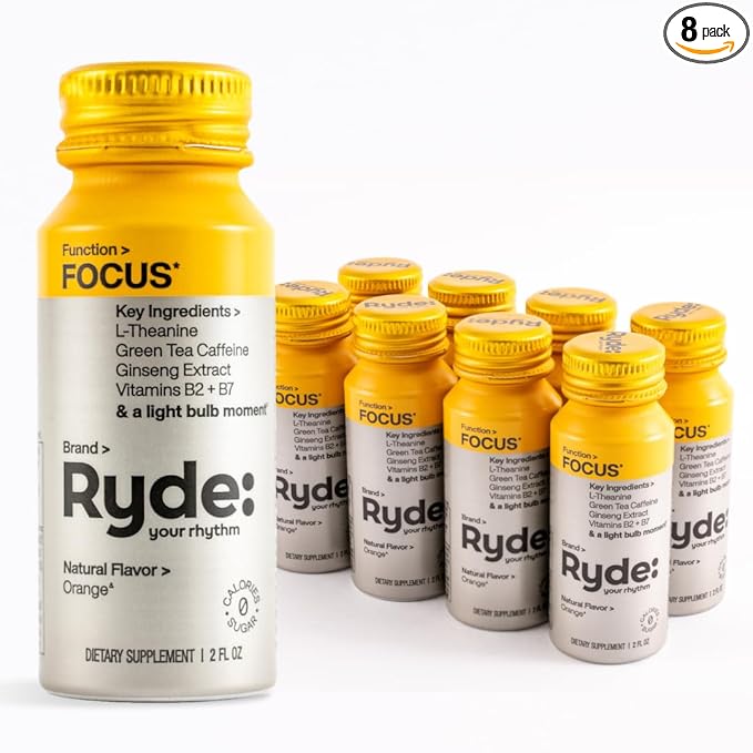 Ryde: Focus Shot | Orange Flavor | L-Theanine & Ginseng | Green Tea Caffeine | Vitamins B2 & B7 | 0 Calories, 0 Sugar | 2 FL OZ Shots | Supports Focus* (8 Pack)