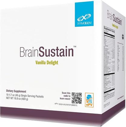 XYMOGEN BrainSustain Powder - Memory + Brain Support Drink with 19g Pea Protein, B Vitamins, Minerals, Amino Acids, Phosphatidylserine, DHA + CoQ10 - Vanilla Delight (10 Packets)