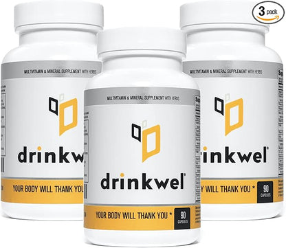 drinkwel Premium Multivitamin Supplement - Pack of 3 x 90 Capsules - Morning Recovery, Liver Cleanse, Detox, Immune Support- Milk Thistle, Vitamin C, Zinc, Magnesium
