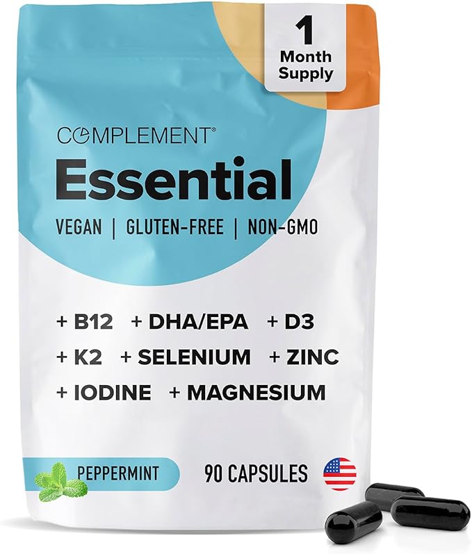 Complement 1 Month Supply Vegan Multivitamins for Women & Men (90 Capsules) Omega 3 DHA+EPA, Vitamin B12, Vitamin D3 K2, Zinc, Selenium, Magnesium, Iodine Supplement- Made in USA, 30 Servings