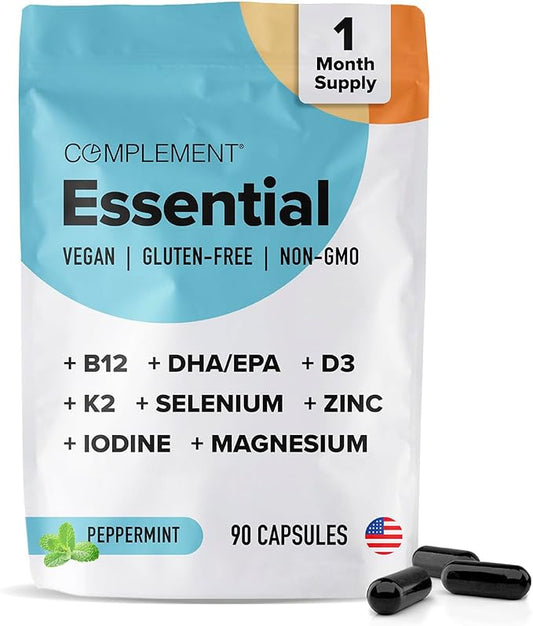 Complement 1 Month Supply Vegan Multivitamins for Women & Men (90 Capsules) Omega 3 DHA+EPA, Vitamin B12, Vitamin D3 K2, Zinc, Selenium, Magnesium, Iodine Supplement- Made in USA, 30 Servings