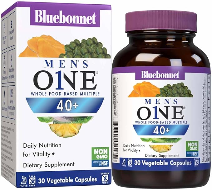 Bluebonnet Nutrition Mens' ONE 40+ Whole Food-Based Multiple, Men Multivitamin for Men 40+, Soy-Free, Non-GMO, Gluten Free, Kosher, 30 Vegetable Capsules, 30 Servings