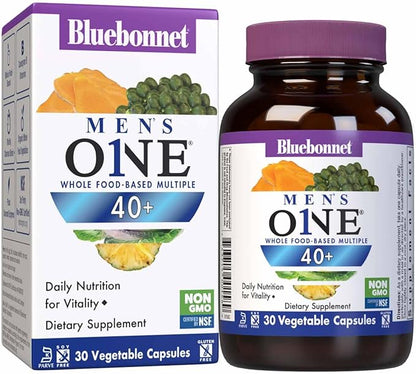 Bluebonnet Nutrition Mens' ONE 40+ Whole Food-Based Multiple, Men Multivitamin for Men 40+, Soy-Free, Non-GMO, Gluten Free, Kosher, 30 Vegetable Capsules, 30 Servings