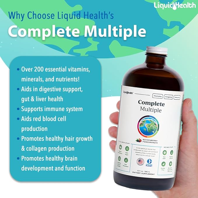 LIQUIDHEALTH 32 Oz Liquid Multivitamin for Adult Men & Women - Complete Multiple, Natural Immune Support, Non-GMO, Vegan, Gluten Free, Sugar Free, Prebiotic Fiber Vitamins Supplement (3-Pack)