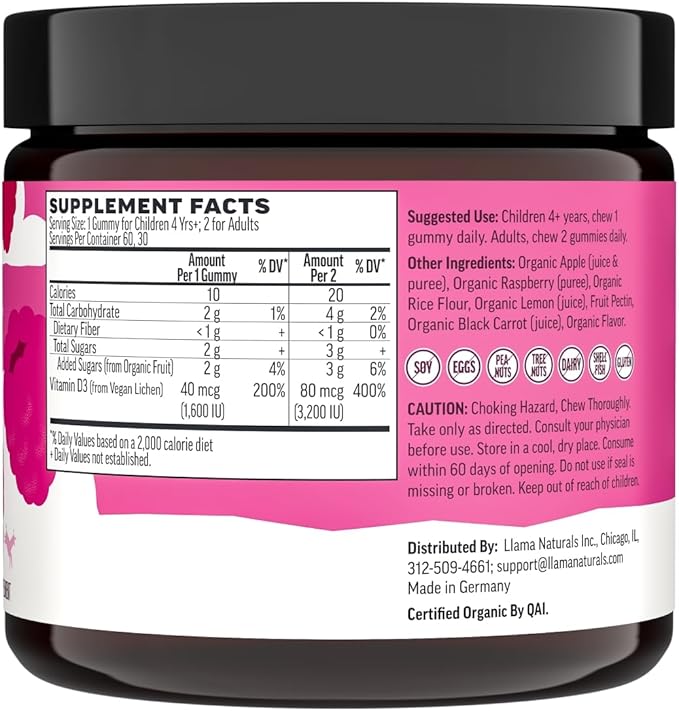 Llama Naturals Vitamin D3 Gummies for Kids & Adults, Real Fruit Gummy Vitamins for Immune Support, Healthy Bones & Overall Health, Organic, Vegan, No Sugar Added, Raspberry, 60 Ct (30-60 Day Supply)