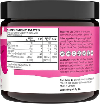 Llama Naturals Vitamin D3 Gummies for Kids & Adults, Real Fruit Gummy Vitamins for Immune Support, Healthy Bones & Overall Health, Organic, Vegan, No Sugar Added, Raspberry, 60 Ct (30-60 Day Supply)