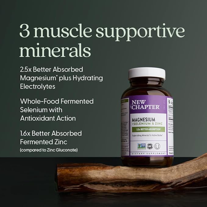 New Chapter Magnesium-Selenium-Zinc Supplement for Active Bodies, Bounce Back After Exercise with Muscle Support Minerals + Hydrating Electrolytes, 325 mg Magnesium in One-Daily Tablet, 30 Count