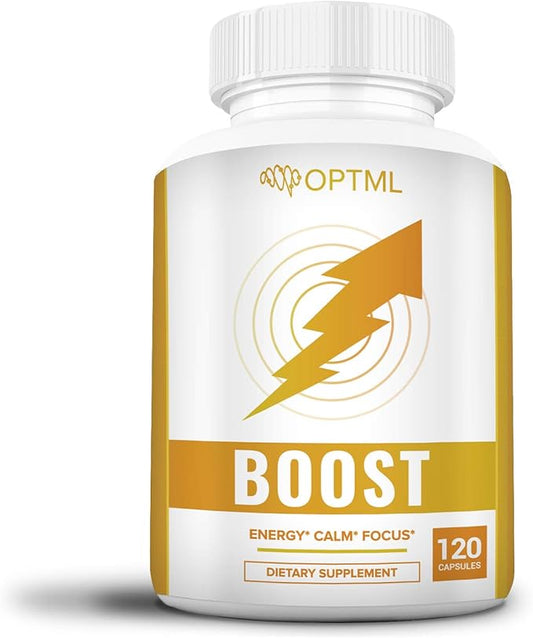 OPTML Boost, 100mg Caffeine Pills with 200mg L-Theanine, Energy Pills for Mood Elevation and Sharper Focus, Blend of Caffeine Anhydrous and Tea Derived L-Theanine, No Crash, No Jitters, 120 Capsules