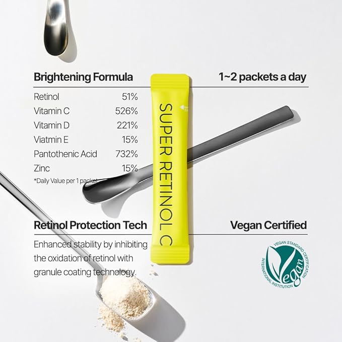 Super Retinol C (Powder, Skincare Supplement) - Vitamin A, C, D, E, Pantothenic Acid, Zinc, L-Cysteine for Skin Radiance and Tone Vegan Authorized AMOREPACIFIC - 30 Packets