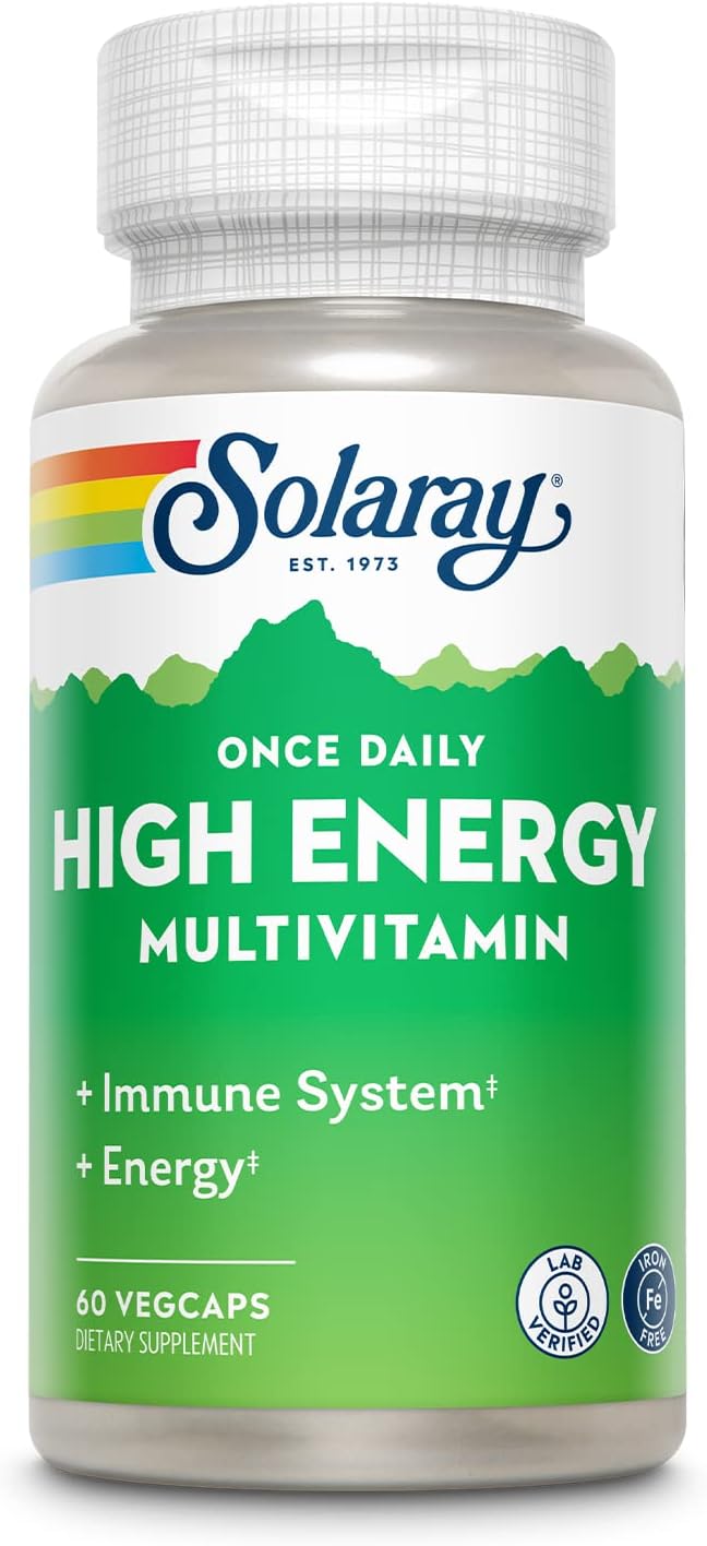 SOLARAY Once Daily High Energy Multivitamin, Iron Free, Immune System and Energy Support, Whole Food and Herb Base Ingredients, Men’s and Women’s Multi Vitamin, 60 Servings, 60 VegCaps