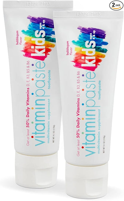 Kids Toothpaste with Daily Multivitamins B3, B5, B6, D, E, Xylitol, Calcium, Fluoride Free, Fresh Breath, Fights Tarter, Anti-Cavity, Safe to Swallow, 4.1oz, Bubble Gum Flavor, 2-Pack