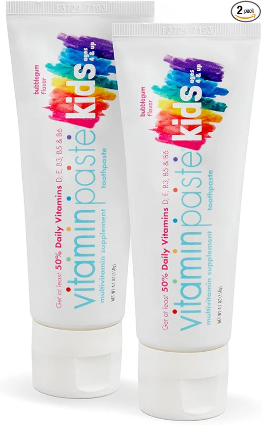 Kids Toothpaste with Daily Multivitamins B3, B5, B6, D, E, Xylitol, Calcium, Fluoride Free, Fresh Breath, Fights Tarter, Anti-Cavity, Safe to Swallow, 4.1oz, Bubble Gum Flavor, 2-Pack