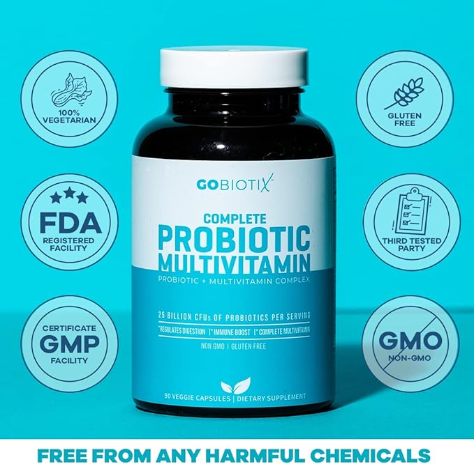 GOBIOTIX Probiotic Multivitamin Supplement - Daily Multivitamins with Probiotics - 25 Billion CFU - Boost Immunity and Digestive Health, Probiotics for Women and Men - Gluten Free Pills - 90 Capsules