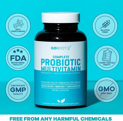 GOBIOTIX Probiotic Multivitamin Supplement - Daily Multivitamins with Probiotics - 25 Billion CFU - Boost Immunity and Digestive Health, Probiotics for Women and Men - Gluten Free Pills - 90 Capsules
