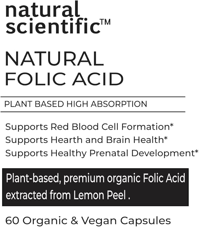 Organic Folic Acid Supplement 1000 mcg - Vitamin B9 (Folate) from Organic Lemon Peel - 60-Day Supply - Plant-Based, Gluten-Free, Vegan, Non-GMO - 60 capsules - Premium Dietary Supplement