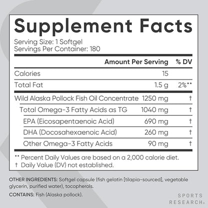 Sports Research Triple Strength Omega 3 Fish Oil - Burpless Fish Oil Supplement w/EPA & DHA Fatty Acids from Single-Source Wild Alaska Pollock - 1250 mg, 180 ct