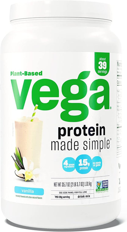 Vega Protein Made Simple Protein Powder, Vanilla - Stevia Free, Vegan, Plant Based, Healthy, Gluten Free, Pea Protein for Women and Men, 2.2 lbs (Packaging May Vary)