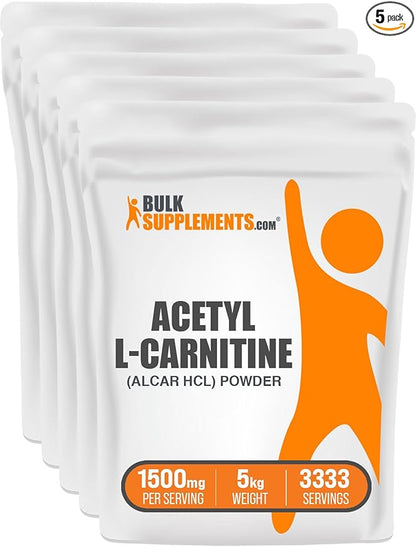 BulkSupplements.com Acetyl L-Carnitine Powder - ALCAR Powder, Acetyl L-Carnitine 1500mg, Carnitine Supplement - Gluten Free, 1500mg per Serving, 5kg (11 lbs) (Pack of 5)