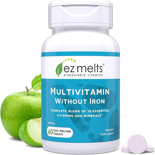 EZ Melts Dissolvable Multivitamin Without Iron, 18 Vitamins & Minerals Including Vitamin A, Biotin, Vitamin B12, Vitamin C, Vitamin D3, Zinc and More, Sugar-Free, 1-Month Supply
