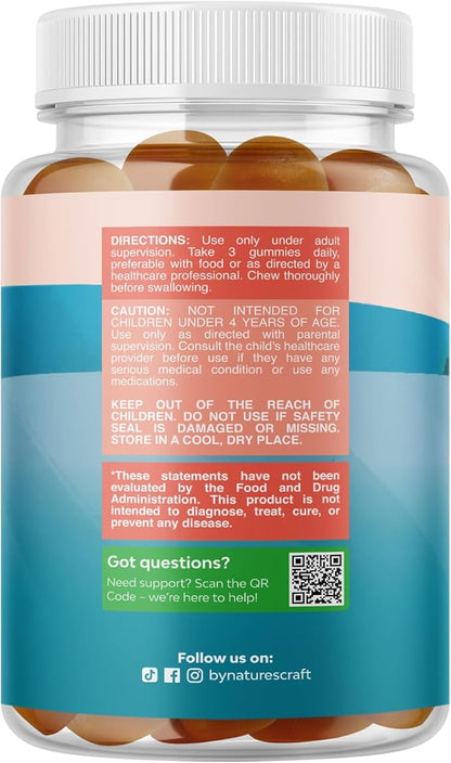 Vegan Brain Focus Gummies for Kids - Kids Focus Supplement with Phosphatidylserine Bacopa Monnieri Green Tea Extract Tyrosine and More Focus Vitamins for Kids Balanced Concentration Energy and Focus