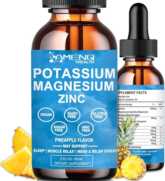 Potassium Magnesium Supplement Liquid w/ 500mg Triple Complex Magnesium & Potassium 99mg Plus Bromelain, Ashwagandha,D3 B6 & Zinc for Leg Cramps& Muscle Health, Cortisol Balanced & Zzz, Non-GMO