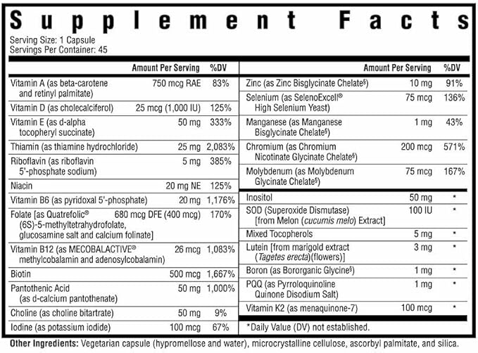 Seeking Health Multivitamin One - Supplement with Zinc, Vitamin B12, & Vitamin A - Magnesium-Free Formula - Multivitamin Supports Methylation & Healthy Aging - 45 Capsules
