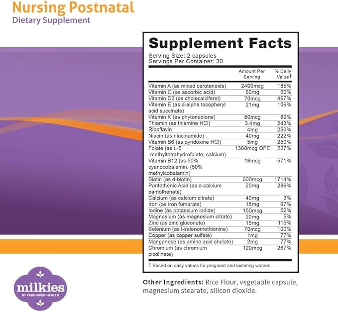 Milkies Fairhaven Health Nursing Postnatal Vegetarian Supplement for Breastfeeding Women with Vitamin D and B, Nutritious Breast Milk Multivitamin - Gluten and Dairy Free - 1 Month Supply