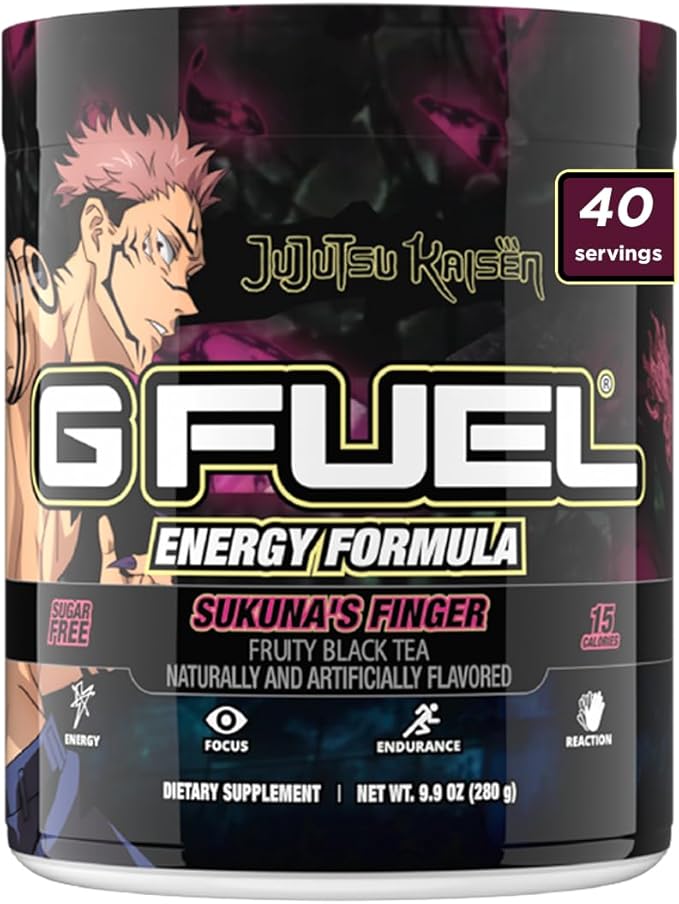 G Fuel Sukuna's Finger Energy Drink Powder, Pre Workout Caffeine Powder, Energy Powder Drink Mix for Gaming, Sugar Free Focus Amino, Vitamin + Antioxidants, 9.9oz (Fruity Black Tea, 40 Servings)
