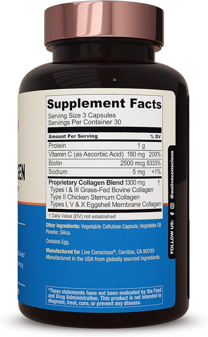 Live Conscious Beyond Collagen Multi Collagen Capsules - Types I, II, III, V & X - Hydrolyzed Blend with Biotin & Vitamin C for Hair, Skin, Nails 90 Capsules